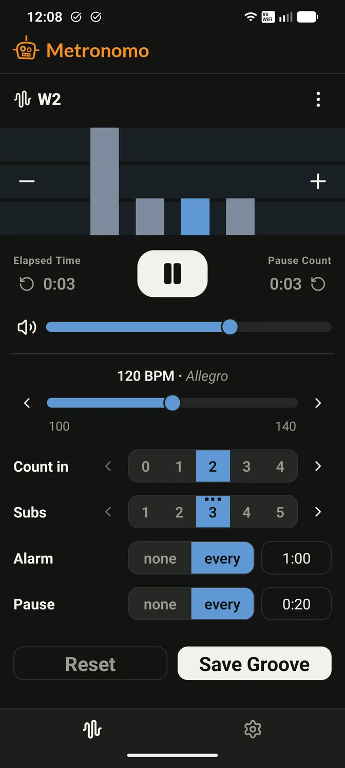 Metronomo’s main screen, showing the beat row, tempo slider, and transport controls